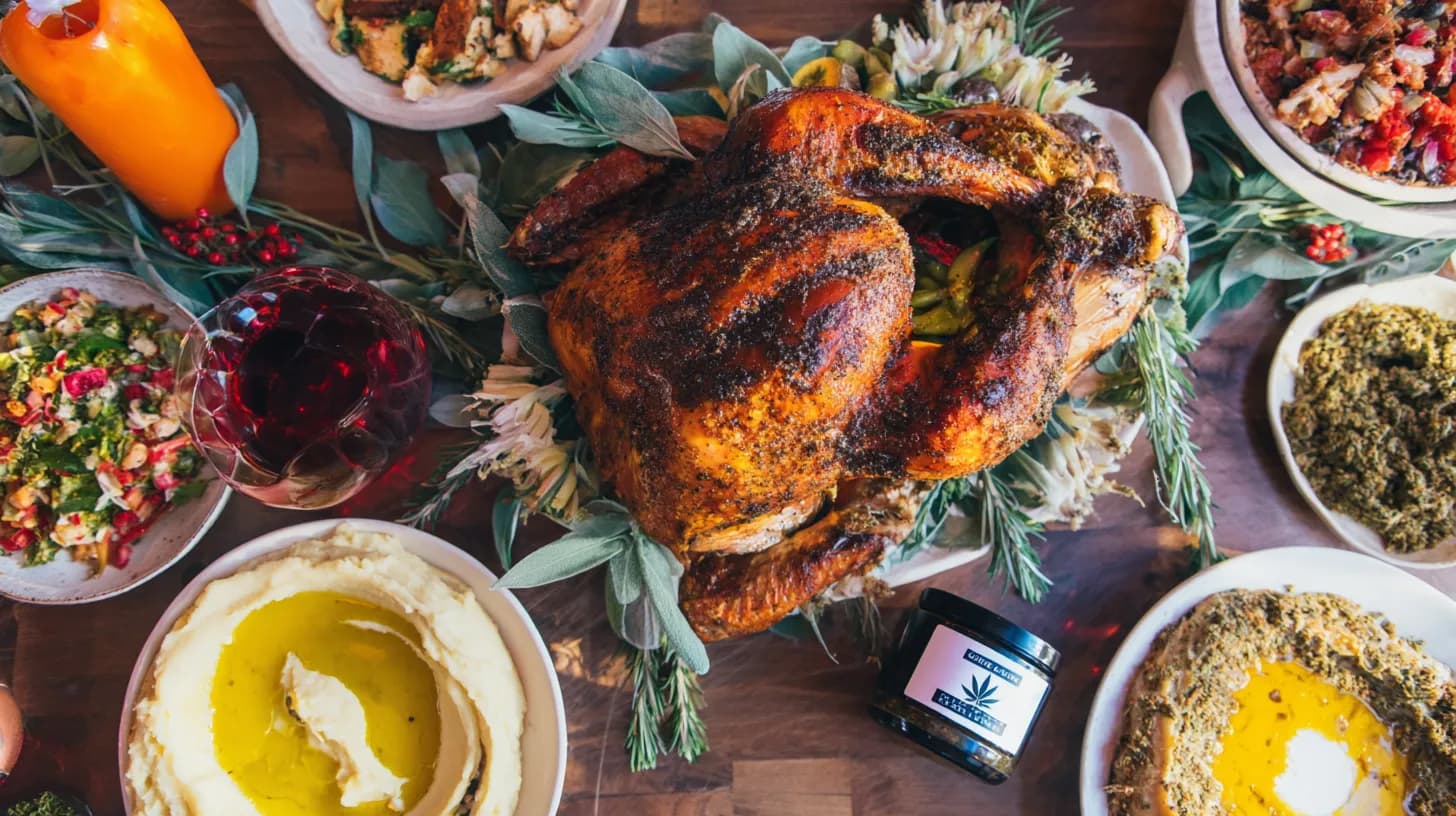 Thanksgiving dinner table with roasted turkey, classic holiday side dishes, and subtle cannabis-infused butter and cannabis jar for a modern cannabis-friendly holiday meal.