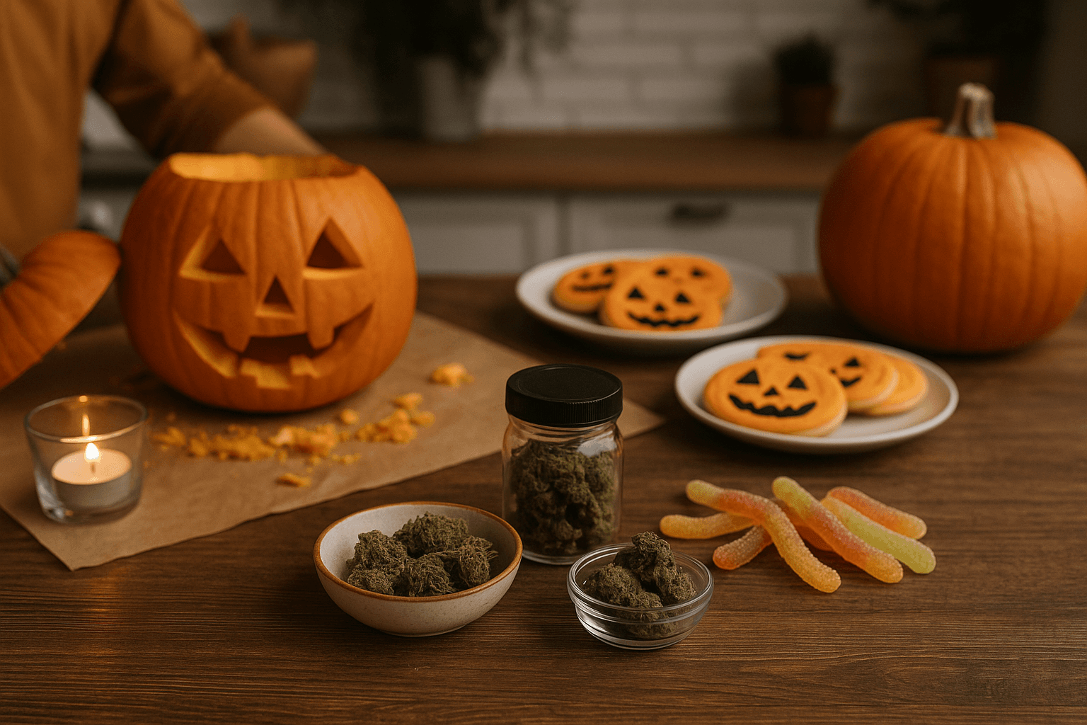 Cozy Halloween scene with a carved jack-oā-lantern, pumpkins, popcorn, cannabis edibles, and festive treats on a wooden table under warm ambient lighting.