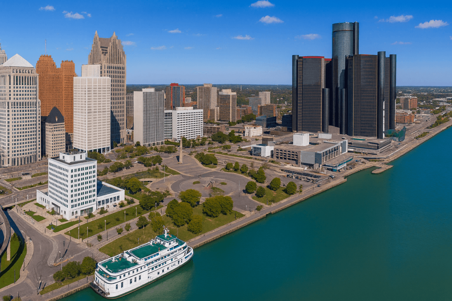 Skyline of a city in michigan along the lake