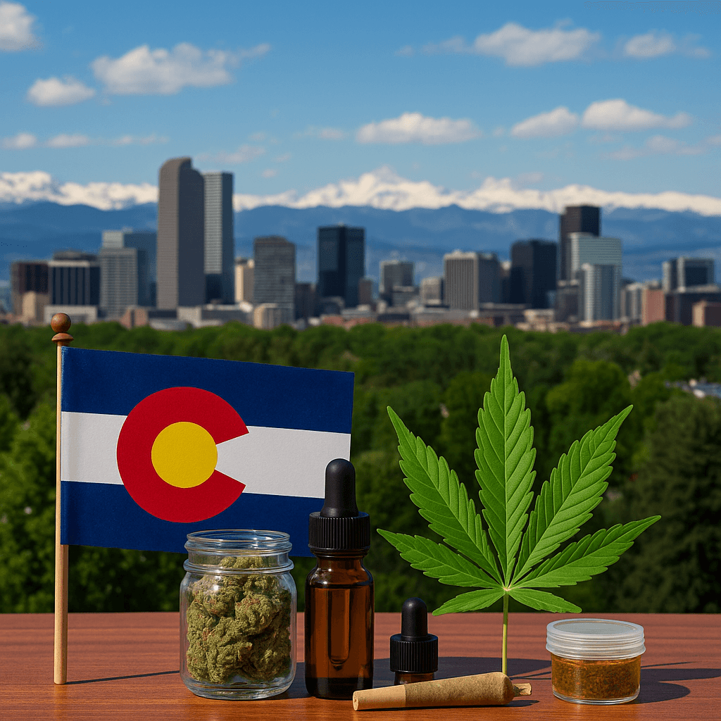 A colorado flag, a marijuana leaf, and various cannabis products on a table overlooking the Denver city sky line